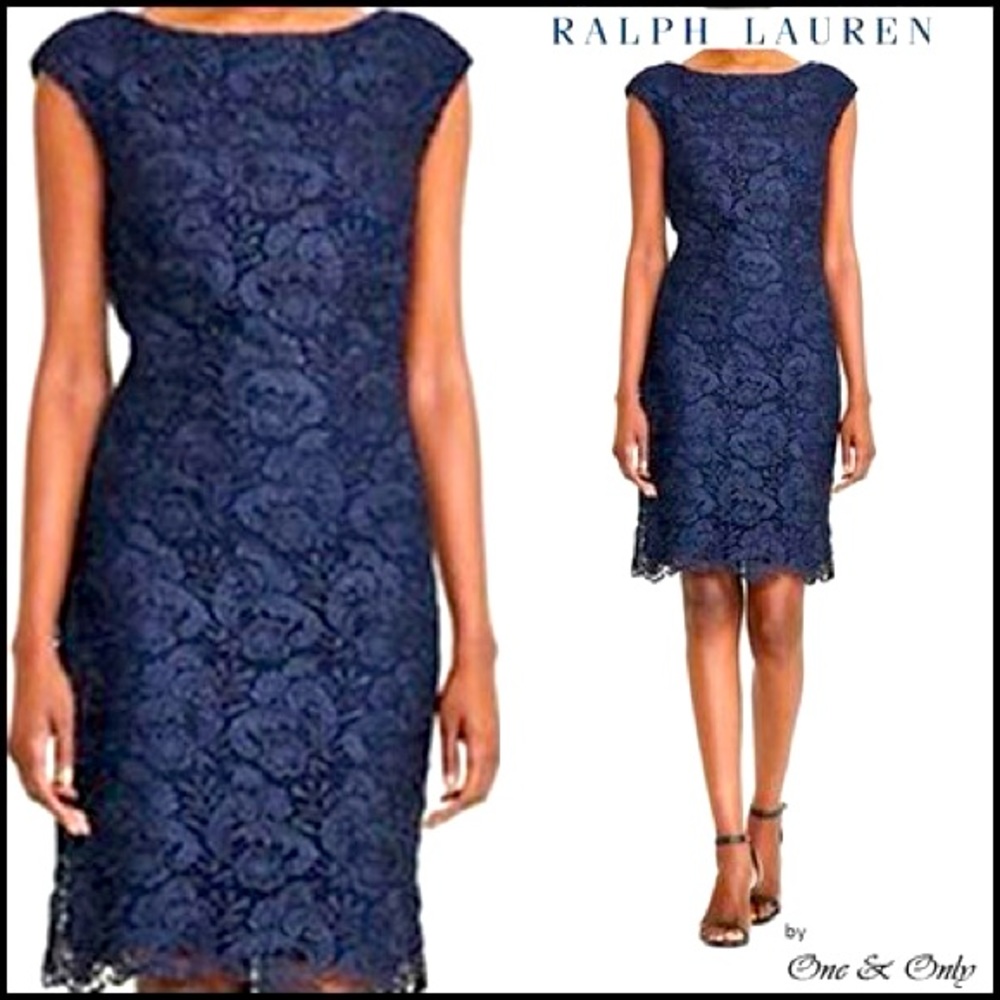 Lauren Ralph Lauren Navy Blue Floral Lace Shift Dress; size 12; classic luxury